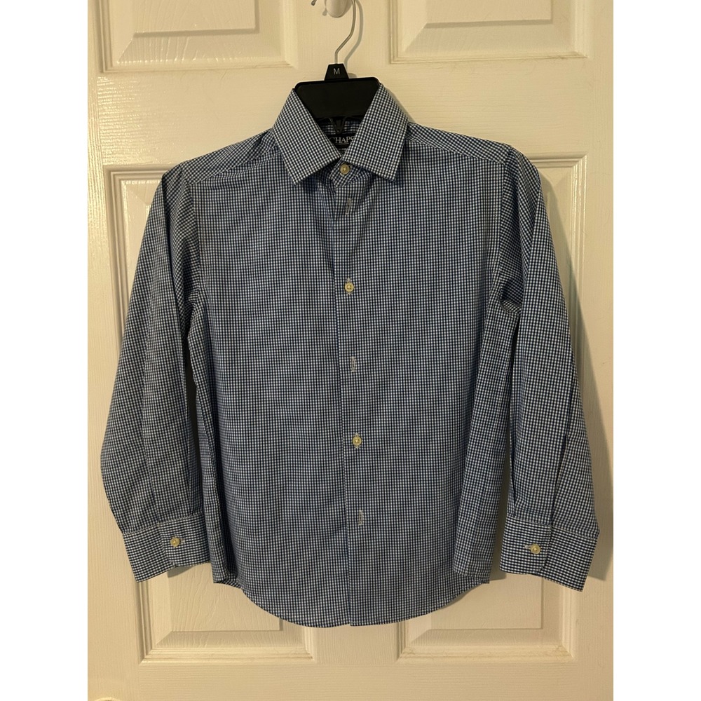 Chaps Boys Blue White Gingham Check Stretch Long Sleeve Button Down Shirt Size 8